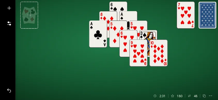 La même partie en thème sombre : 18 cartes retirées, 180 points, défausse 7♥.